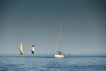 Members of team have a good time after completion of race and dive into water from a rope on a mast, The race of sailboats, Intense competition, bright colors, island with lighthouse are on background