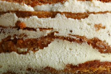 layered honey cake texture closeup. dessert with cream and biscuit