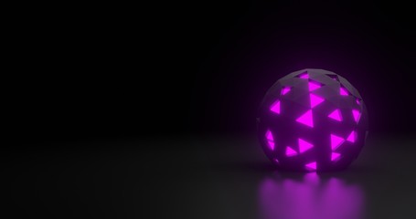 Purple Light On Spherical Shape with Triangle Hole. Futuristic Sci-Fi Object 3D Rendering Illustration with Space for Text at Dark Background