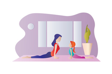 Mother and daughter doing exercise at home in a living room on a yoga mat. Sporty female models exercising yoga at home. Keep calm during quarantine concept, vector illustration and copy space