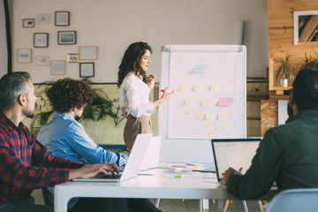 Female manager presenting hierarchy chart to group of coworkers. Business colleagues in casual working together in contemporary office space. Corporate discussion or training concept