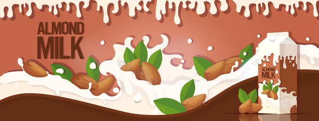 vegan plant based almond milk with splashing liquid and seeds organic dairy free natural organic milk in paper packaging horizontal vector illustration