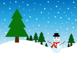 snowman and christmas tree on snow and blue background in merry christmas festival. Illustration EPS10