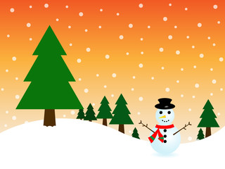 snowman and christmas tree on snow and orange background in merry christmas festival. Illustration EPS10