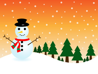 snowman and christmas tree on snow and orange background in merry christmas festival. Illustration EPS10