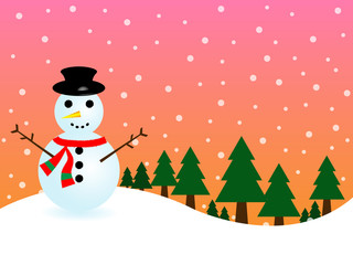 snowman and christmas tree on snow and orange background in merry christmas festival. Illustration EPS10