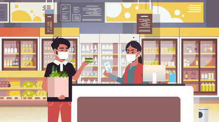 indian cashier and man customer in medical protective masks quarantine coronavirus epidemic concept people buying goods in grocery store supermarket interior portrait horizontal vector illustration
