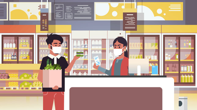indian cashier and man customer in medical protective masks quarantine coronavirus epidemic concept people buying goods in grocery store supermarket interior portrait horizontal vector illustration