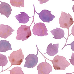 Hand painted purple leaves. Seamless botanical watercolor. Hand painted autumn leaves and flowers. Decorative ornament. Seamless  flowers pattern.