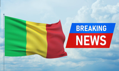 Breaking news. World news with backgorund waving national flag of Mali. 3D illustration.