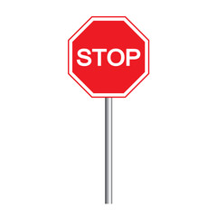 Red Stop Sign isolated on white background with pole. Traffic regulatory warning stop symbol. Vector illustration, EPS10.