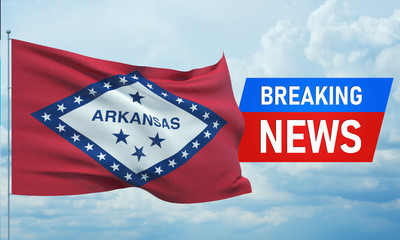 Breaking news. World news with background waving flag of the states of USA. State of Arkansas flag. Pandemic 3D illustration.