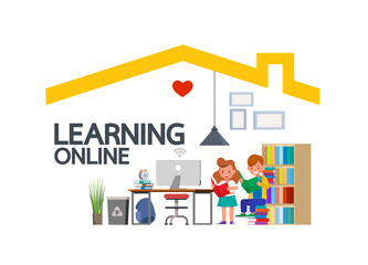 Distance learning online education classes for children during coronavirus. Social distancing, self-isolation and stay at home concept. Kid character vector design. no2