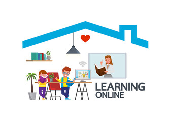 Distance learning online education classes for children during coronavirus. Social distancing, self-isolation and stay at home concept. Kid character vector design. no3