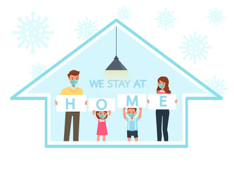 Stay home during the coronavirus epidemic. Social distancing, self-isolation concept. Family in self quarantine, protection from virus. Character vector design.