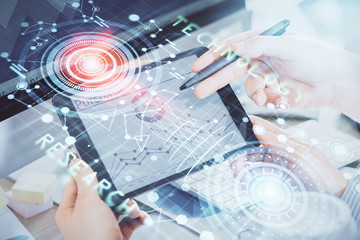 Multi exposure of man's hands holding and using a digital device and data theme drawing. Innovation concept.