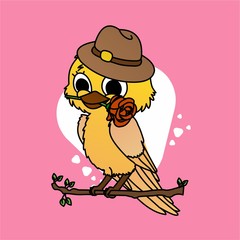 Illustration of Yellow Birds Use Hat While Biting Flower Cartoon, Cute Funny Character, Flat Design