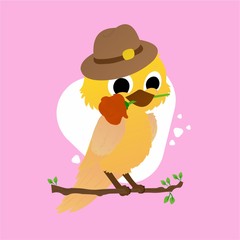 Illustration of Yellow Birds Use Hat While Biting Flower Cartoon, Cute Funny Character, Flat Design