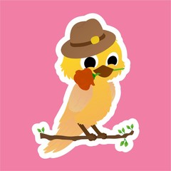 Stickers of Yellow Birds Use Hat While Biting Flower  Cartoon, Cute Funny Character, Flat Design