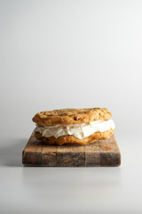 Ice cream sandwich with chocolate chip cookies and vanilla ice cream