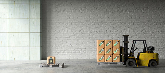 forklift with wooden boxes and vaccination icons in front of industrial background