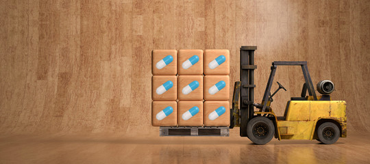 forklift with wooden boxes and pill icons in front of wooden background