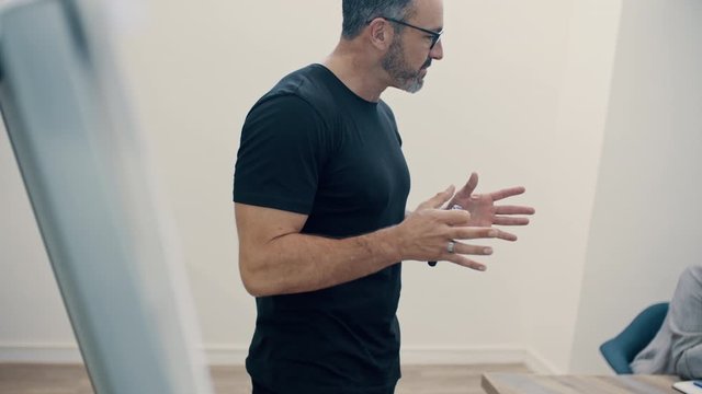 Businessman standing by a flipchart and explaining the strategy to his colleagues. Business professional briefing his team in the office board room.
