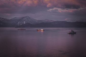 Seascape with ships in Avacha Bay, Kamchatka