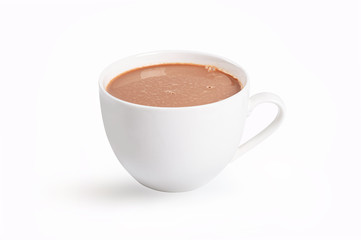Cocoa drink in white cup isolated on white background.
