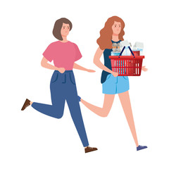 women and basket shopping with excess groceries vector illustration design