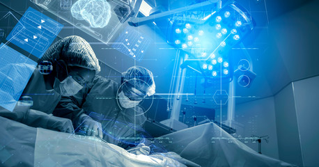 Operating room Doctor or Surgeon anatomy on Advanced robotic surgery machine futuristic virtual interface, robotic surgery are precision, miniaturisation future of tomorrow healthcare and wellness - obrazy, fototapety, plakaty