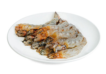 Peeled shrimp raw  with plate isolated on white background