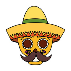 Mexican skull with hat and mustache design, Mexico culture tourism landmark latin and party theme Vector illustration