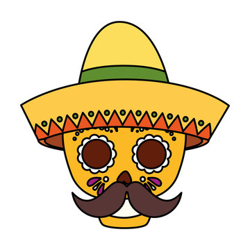 Mexican skull with hat and mustache design, Mexico culture tourism landmark latin and party theme Vector illustration