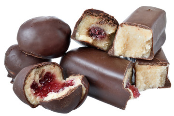 Chocolate marzipan bar with fruit filling isolated