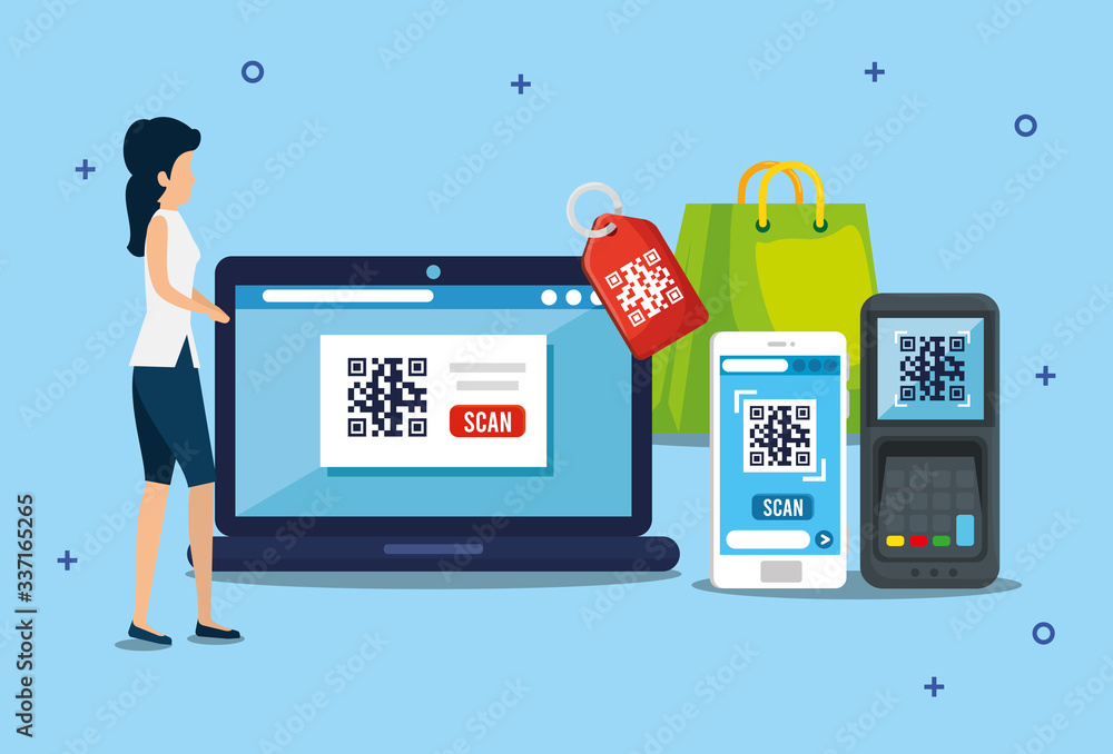 Poster qr code inside laptop woman smartphone dataphone bag and label design of technology scan information