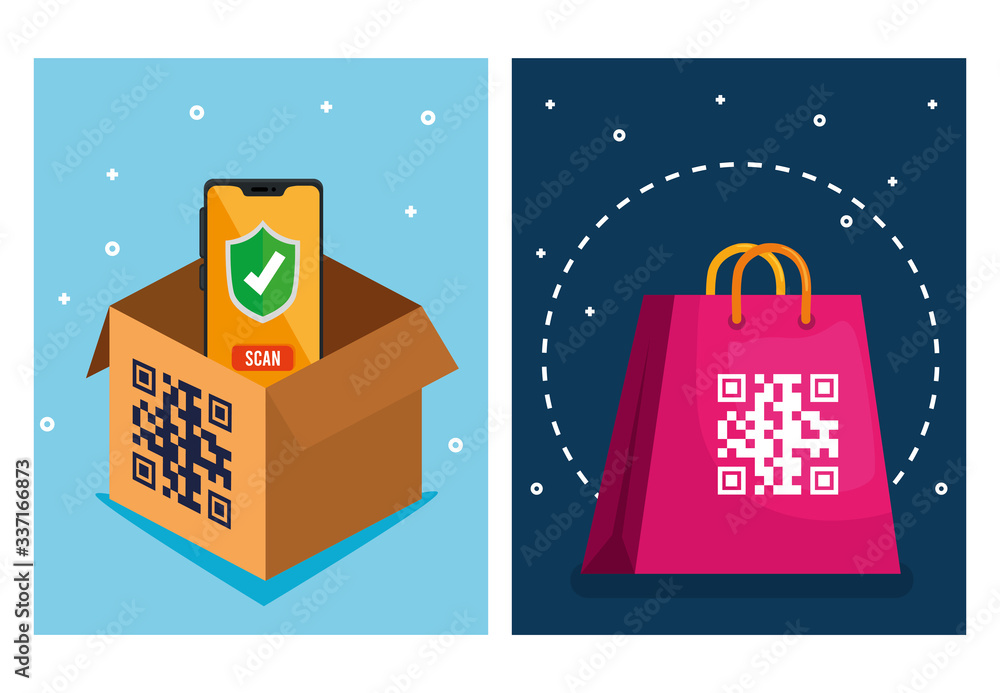 Poster qr code over shopping bag box and smartphone design of technology scan information business price co