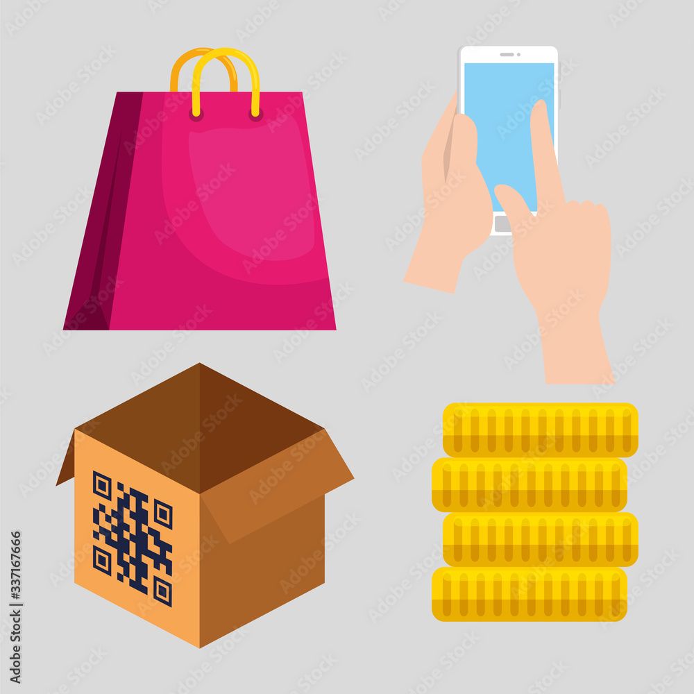 Poster qr code over box coins bag and smartphone design of technology scan information business price commu