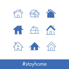 House doodle icons. Graphic design elements for stay at home campaign. Hand drawn illustrations.