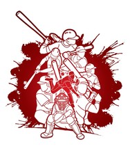 Group of Baseball players action cartoon sport graphic vector.