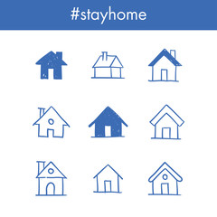 House doodle icons. Graphic design elements for stay at home campaign. Hand drawn illustrations.