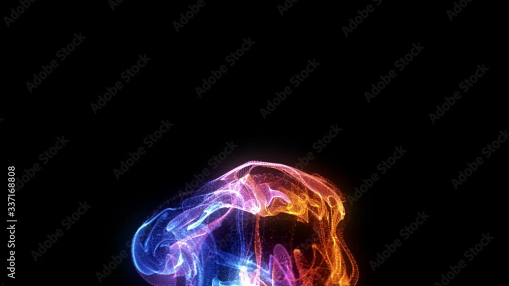 Poster abstract loopable blue, violet, orange motion waving dots texture with glowing defocused particles o