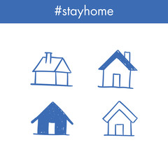 House doodle icons. Graphic design elements for stay at home campaign. Hand drawn illustrations.