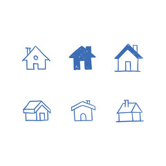 House doodle icons. Graphic design elements for stay at home campaign. Hand drawn illustrations.