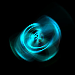 Spinning rays of light isolated on black background. Graphic 2D illustration of glowing colorful light particles in circular motion.