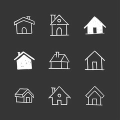 House doodle icons. Graphic design elements for stay at home campaign. Hand drawn illustrations.