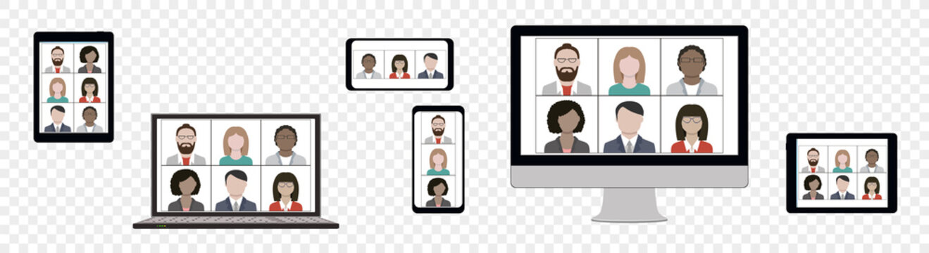 Business Team Hangout And Have Remote Video Meeting Online On Device Screen