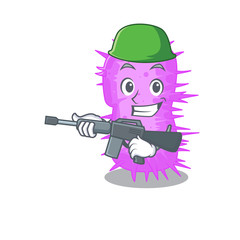 A cartoon picture of acinetobacter baumannii in Army style with machine gun