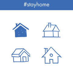 House doodle icons. Graphic design elements for stay at home campaign. Hand drawn illustrations.