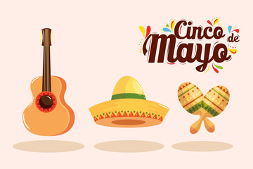 Mexican guitar hat and maracas design, Cinco de mayo mexico culture tourism landmark latin and party theme Vector illustration